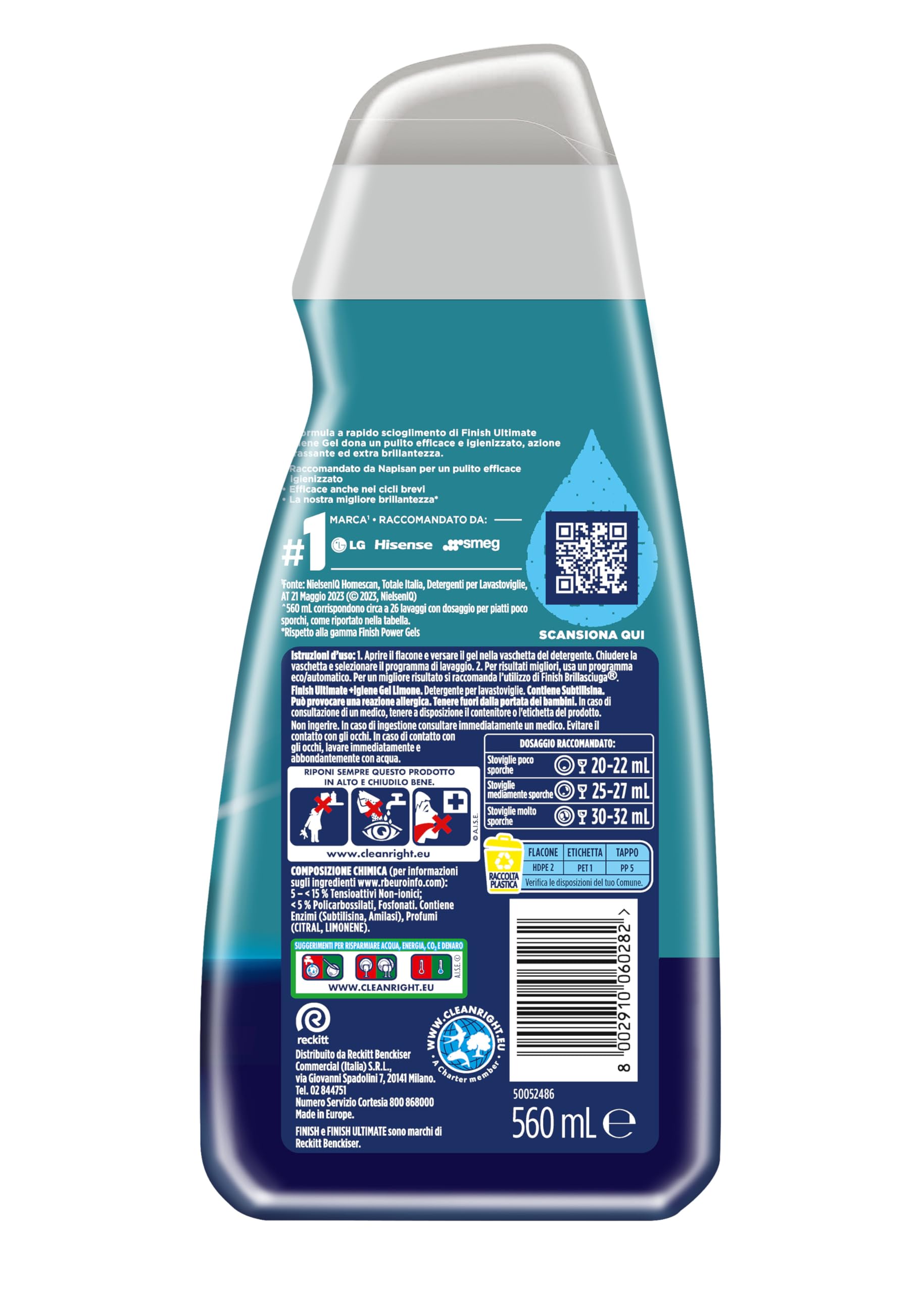 Finish Quantum + gel limpiador para lavavajillas líquido recomendado por Napisan, multiacción, limón, 312 lavados, 12 paquetes de 26 lavados