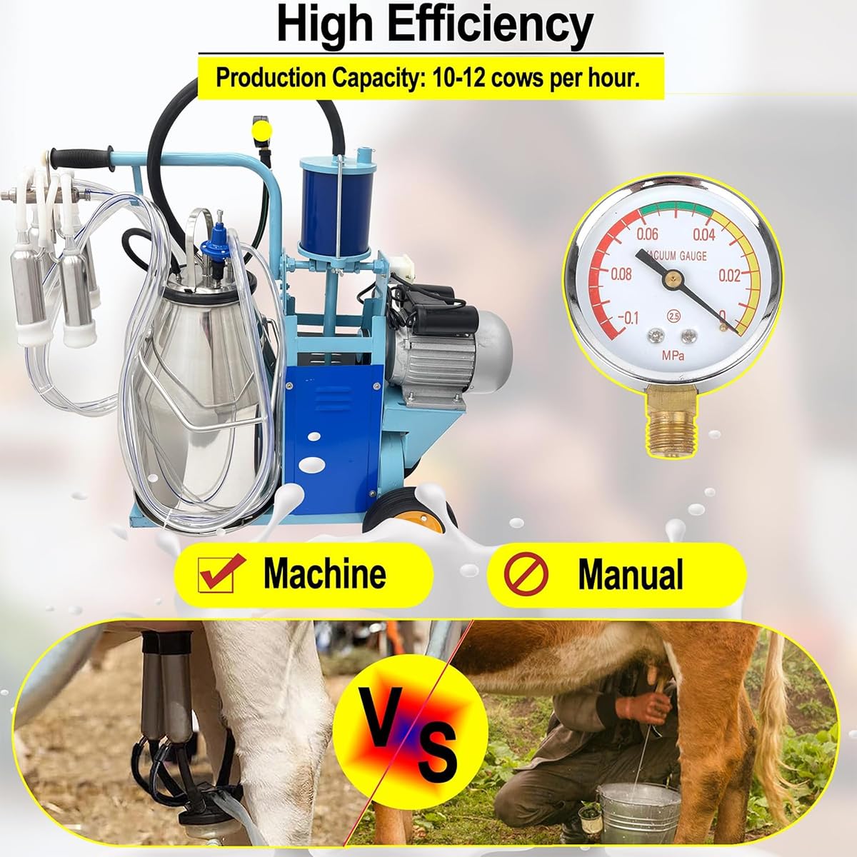 Ordeñadora eléctrica con cubo de acero inoxidable para vacas, cabras y ovejas