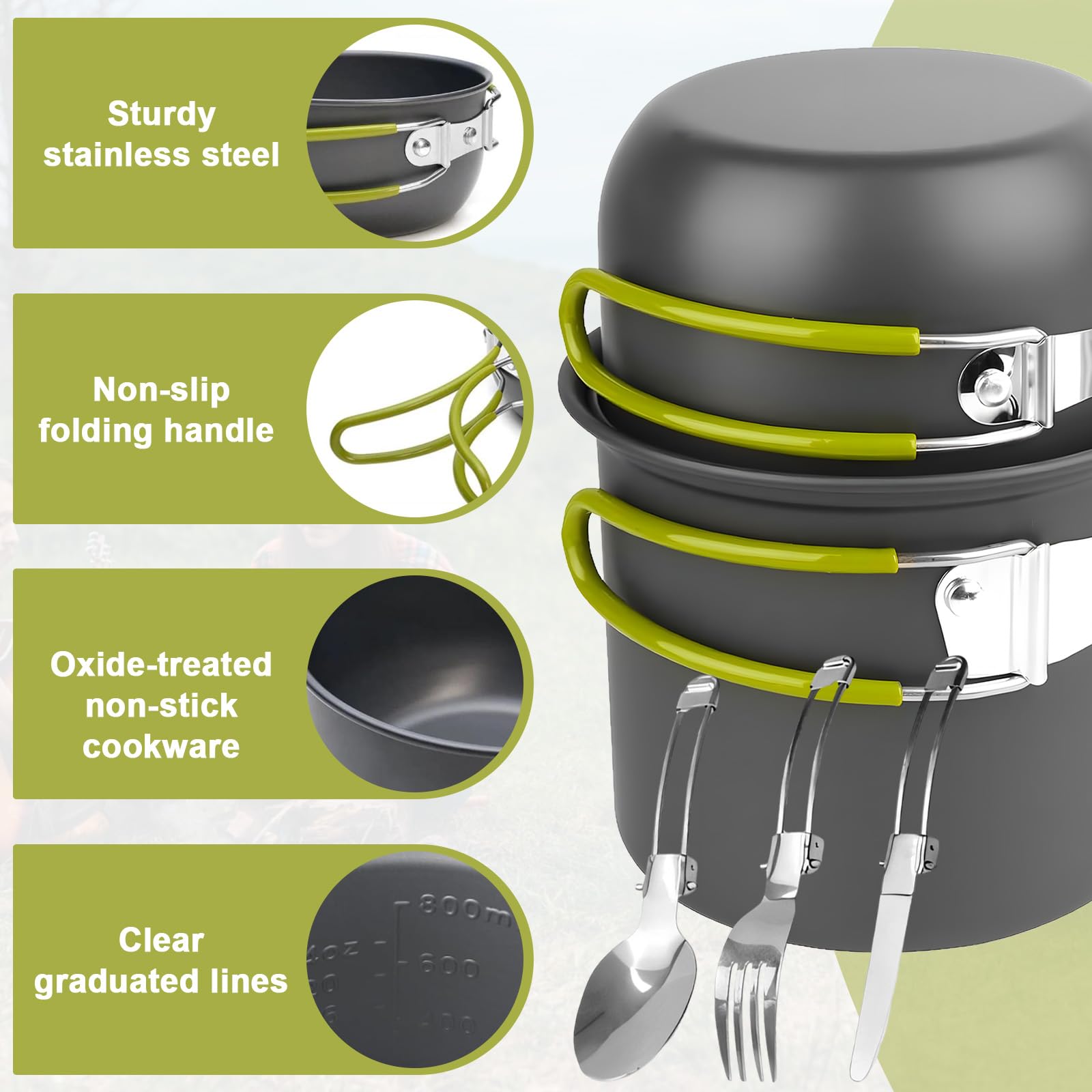 Set di Pentole da Campeggio con Posate Pieghevoli, Pentola Portatile in Alluminio per 1-2 Persone, Padella da Cucina Outdoor, Pentole Campeggio Leggera per Picnic, Zaino in Spalla, Escursionismo,Pesca
