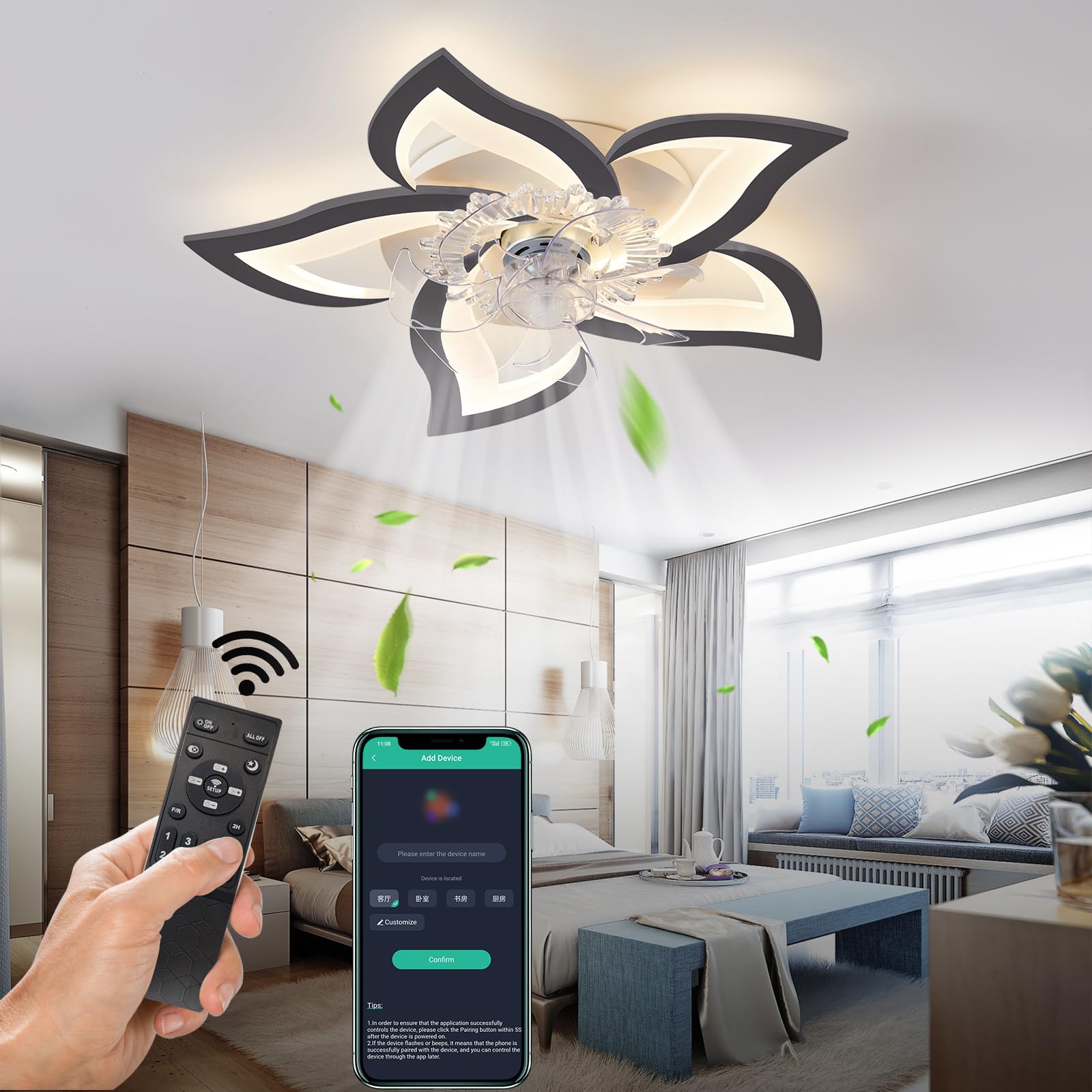 REYDELUZ Ventilador de Techo con Luz LED Regulable Lámpara de Techo Moderna con Control Remoto 3 Temperatura de Color y 6 Velocidades Ventilador De Techo con Iluminación para Dormitorio Restaurante