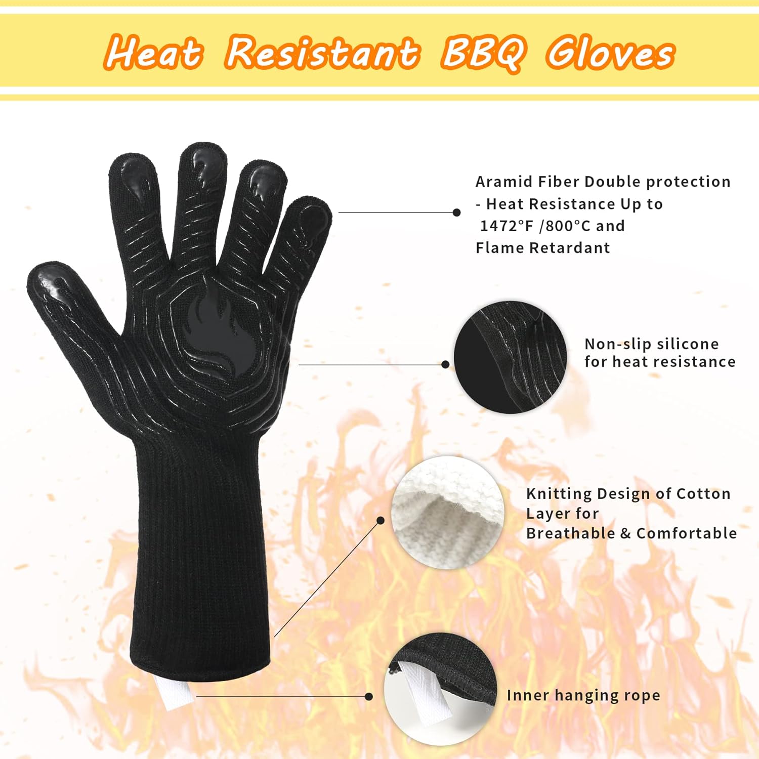 BBQ Gloves, 1472°F Heat Resistant Gloves Fireproof Mitts，Grilling Gloves Silicone Non-Slip Washable Oven Gloves, Kitchen Gloves for Barbecue, Grilling, Cooking, Baking, Camping, Smoker (Black) : Everything Else