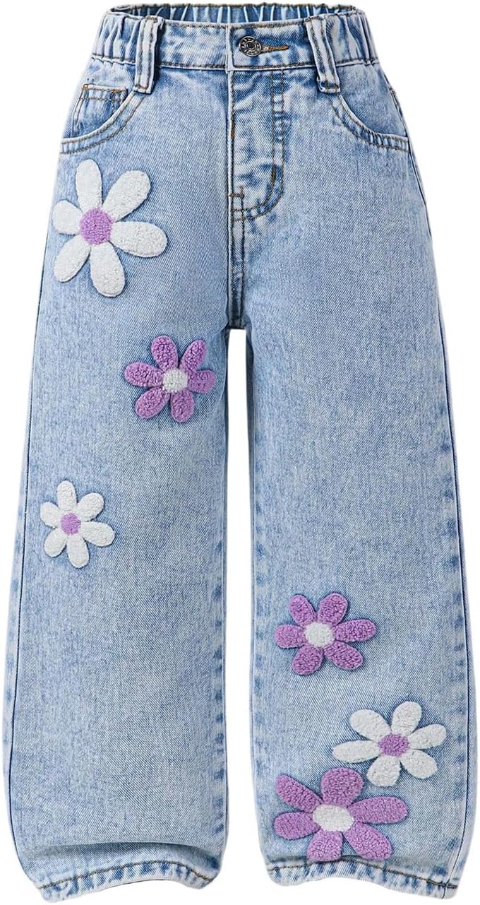 GORGLITTER Girl's Floral Baggy Wide Leg Jeans Y2K Zipper Fly Washed Denim Pants with Pockets
