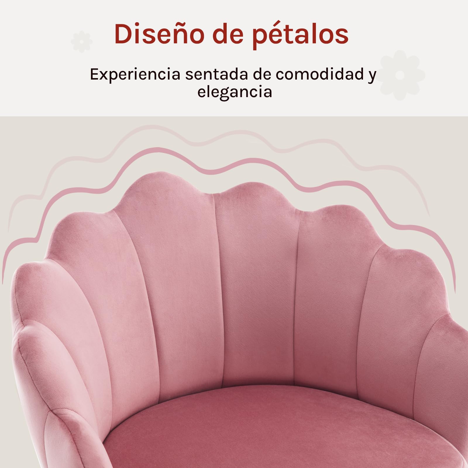 WOLTU Silla de Tocador Terciopelo con Respaldo de Petalos, Silla Giratoria con Ruedas, Ergonómica para Maquillaje, Patas de Metal, Rosa