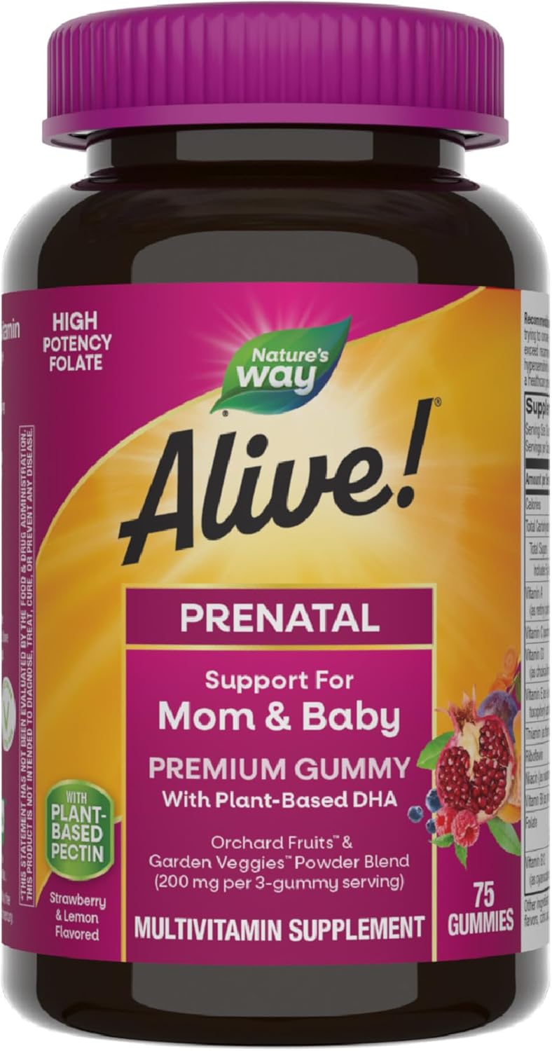 Nature’s Way Alive! Prenatal Premium Gummy Multivitamin, High Potency Folate, Plant-Based DHA, Vegetarian, Strawberry and Lemon Flavored, 75 Gummies Nature’s Way Alive! Prenatal Premium Gummy Multivitamin, High Potency Folate, Plant-Based DHA, Vegetarian, Strawberry and Lemon Flavored, 75 Gummies