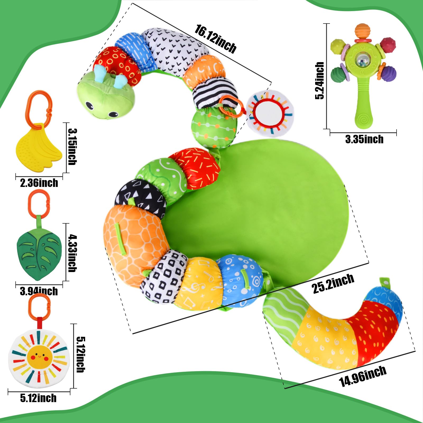 Charmofun Tappeto Gioco Neonato, 4 in 1 Tummy Time Neonato 0-3 Mesi, Caterpillar Cuscino Tummy Time con Specchio e Sonaglino per Supporto Seduto