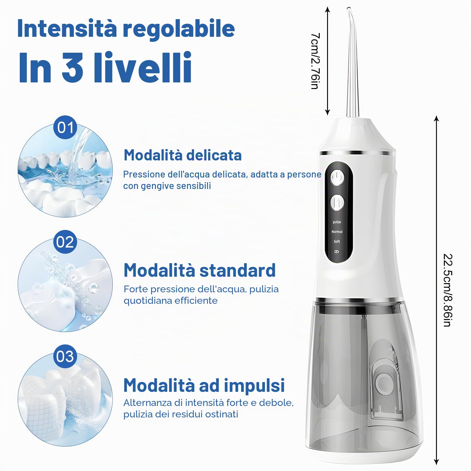 Idropulsore Dentale Oral,Irrigatore Orale,Idropulsore Dentale Portatile,Elettrico Oral Water,con 5 Modalità e 6 Beccucci,Serbatoio da 380ml,Impermeabile IPX7,per Uso Domestico e Viaggi(Bianco)