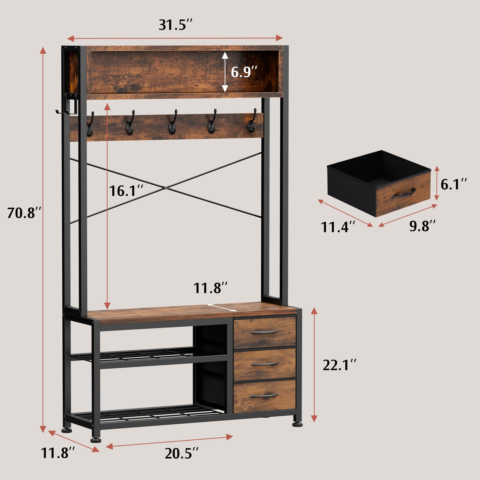 Garderobenständer mit Schuhablage, Garderobe mit Sitzbank, 12 Haken, 3 Schubladen und 1 Ablagefläche, Metallrahmen, 30 x 80 x 180 cm, für Flur Eingänge (Rustikal Braun)