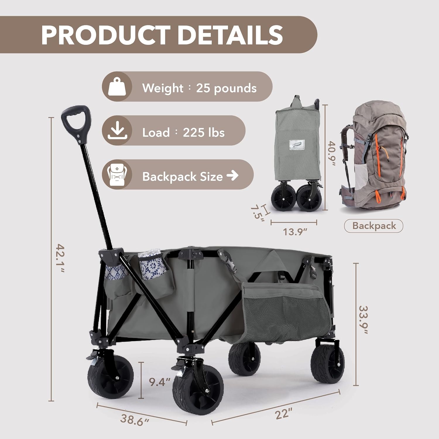 200L Collapsible Folding Beach Wagon |Heavy Duty Utility Cart Extender |Supports 225lbs |All-Terrain Big Wheels with Breaks for Sports Camping (Grey/Grey)