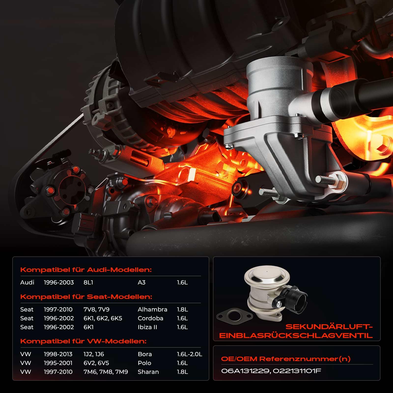 Frankberg Sekundärluftpumpsystem Sekundärluftventil mit Dichtung Kompatibel mit Golf IV 1J1 A3 8L1 Golf IV Variant 1J5 B.o.r.a 1J2 Replace# 06A131229,022131101F