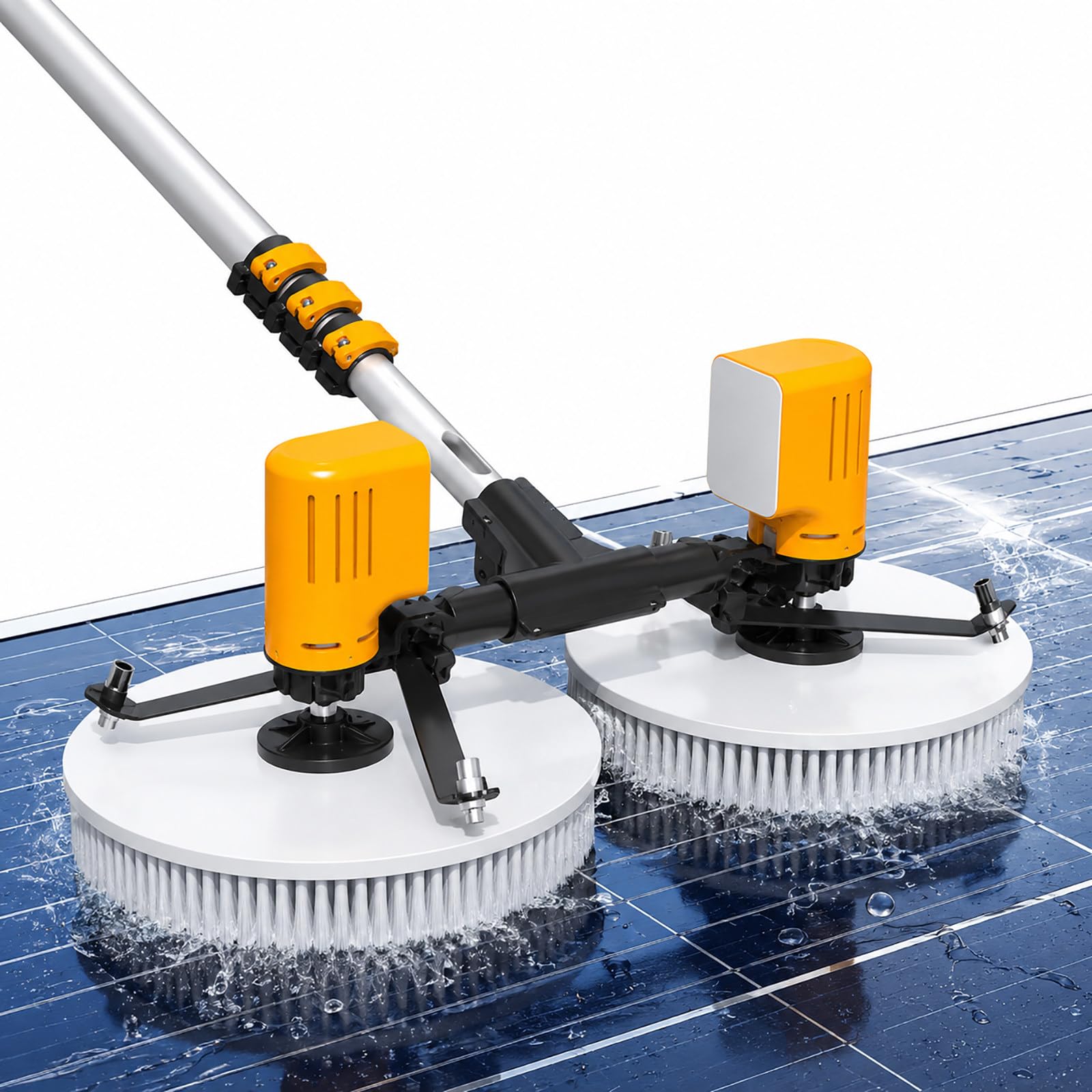 vnmudzeo Solar Panel Cleaning Machine, Dual Head Brush System – 350RPM Electric Photovoltaic Cleaner with Upgraded Nylon Filament Bristles 5.5m(18ft)