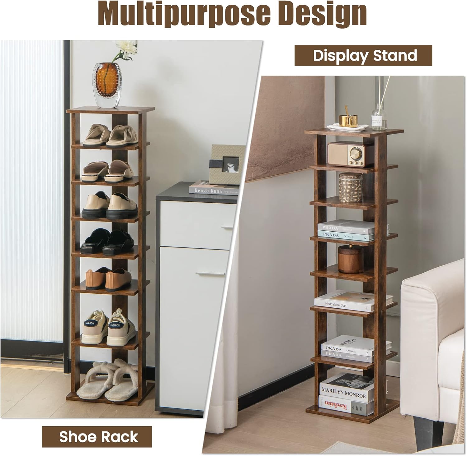 7-Tiers Shoe Rack, Tall Vertical Shoe Storage with Removable Shelves & Anti-toppling Device, Slim Corner Shoe Shelf Organizer for Entryway, Closet, Small Space (Rustic Brown)