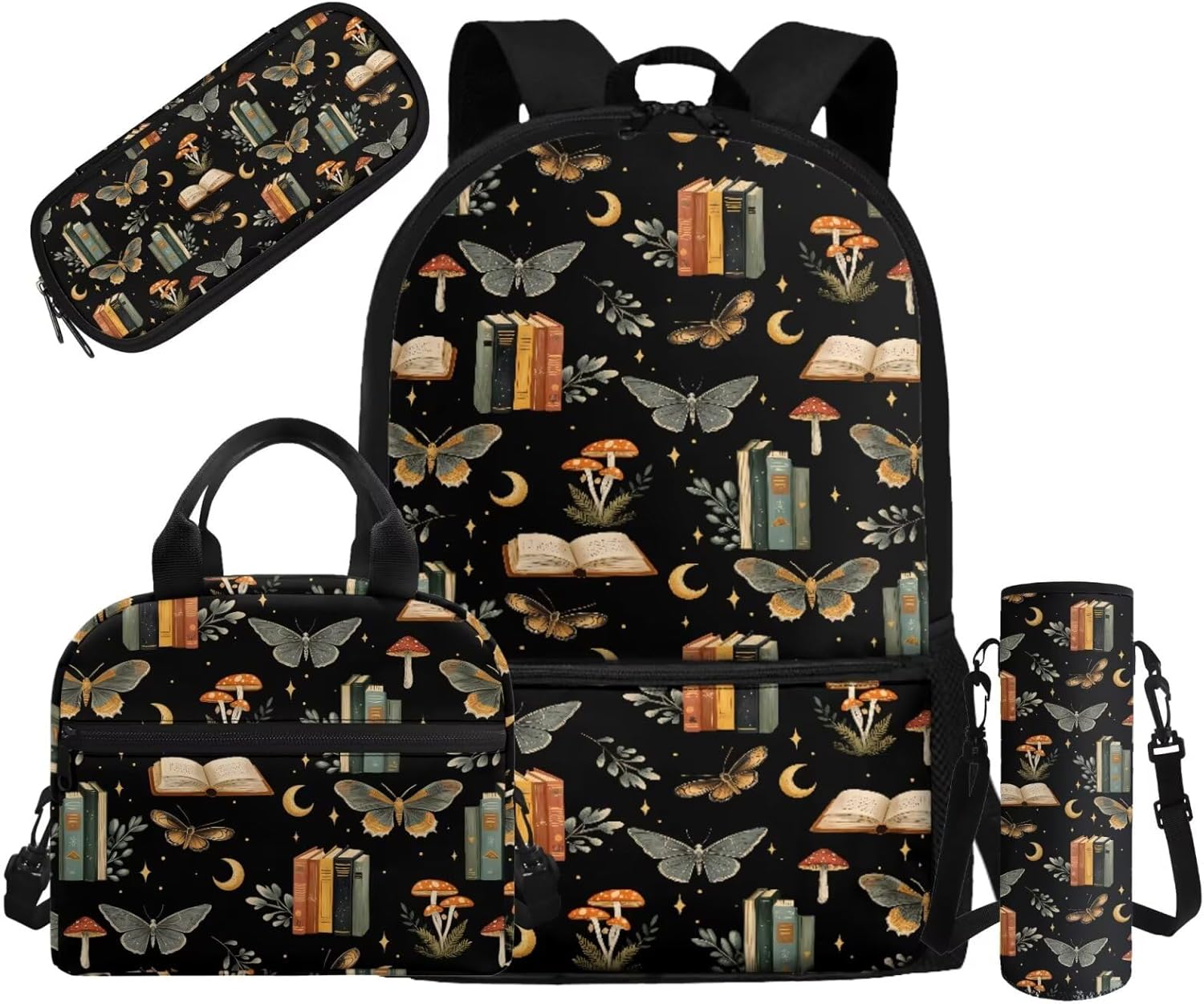 Butterfly Backpacks for Girls 10-12 Mushroom Print Kids Lunch Bag with Water Bottle Holder Versatile Pencil Case with Zipper Teens School Knapsack Set of 4