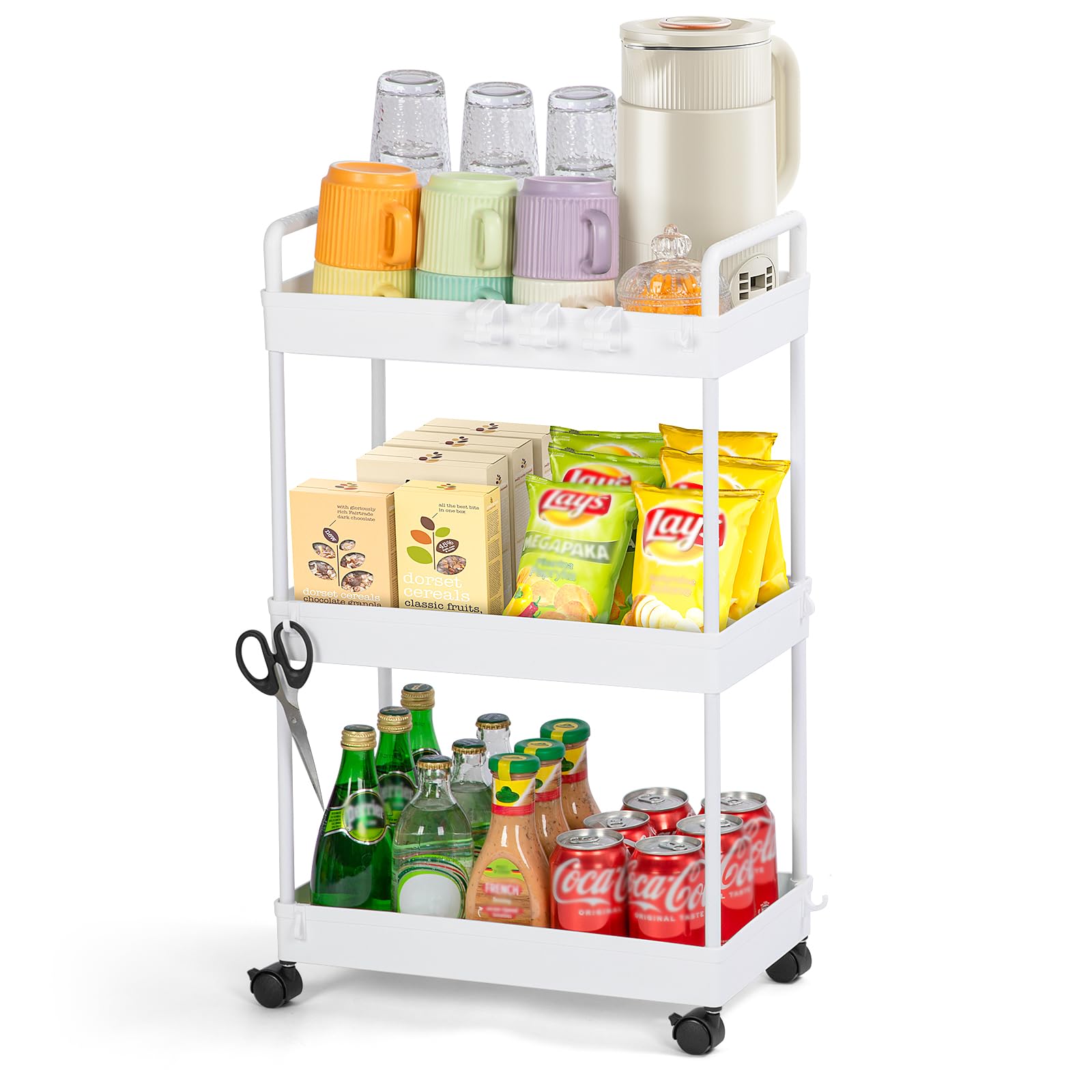 FoiiLiio Carrello Cucina a 3 Ripiani,Carrellino con Ruote Portatutto,Carrello Scorrevole,Organizzatore di Stoccaggio Carrello,Portaoggetti Multifunzionale per Bagno,Ufficio,Bianca