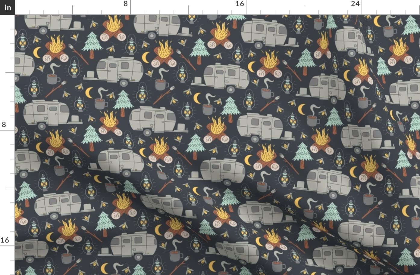 Spoonflower Fabric - Retro Camping Camper Campfire Fireflies Coffee Outdoors Printed on Organic Cotton Sateen Fabric by The Yard - Sewing Quilting Apparel Home Decor