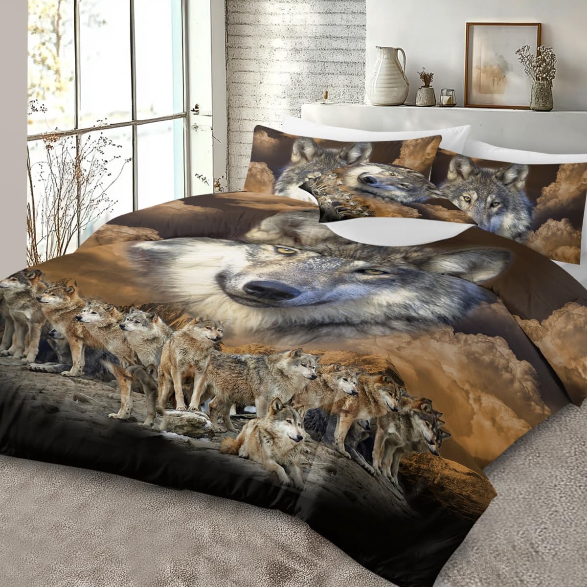 Sleepwish Gold Wolves Comforter Set King Size Bed Set 4 Piece Dark Clouds Wolf Leader Bedding Set with Comforter, Pillow Shams, Cushion Cover