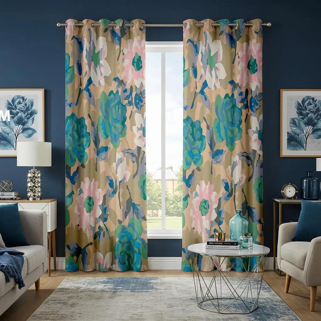 Rideaux botaniques motif floral camouflage bleu vert beige pour décoration de fenêtre