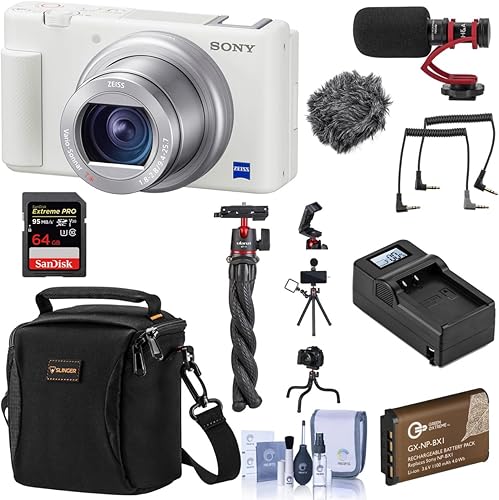 Sony ZV-1 Cámara digital compacta 4K HD, paquete blanco con tarjeta SD de 64 GB, bolsa, micrófono, trípode flexible, batería adicional y accesorios
