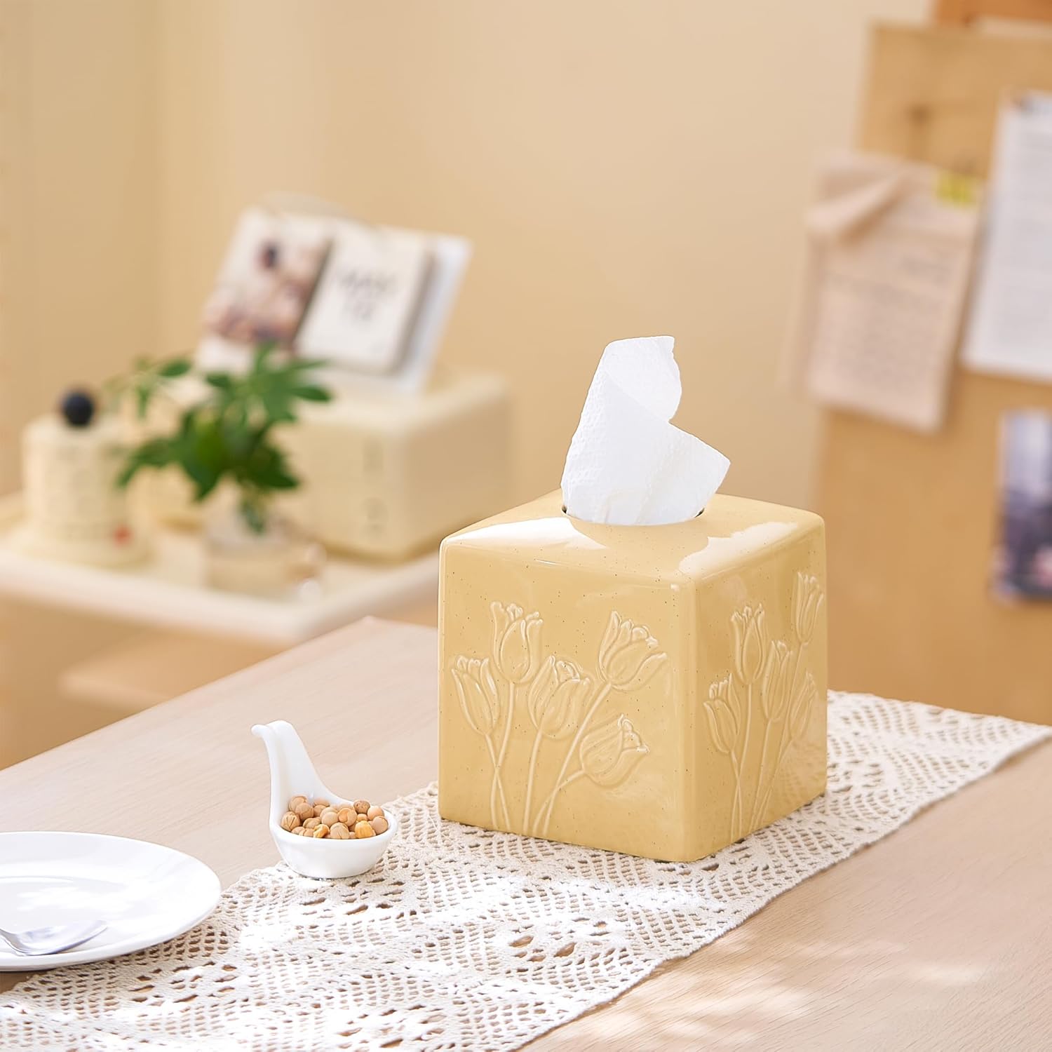 Beige Ceramic Tulips Tissue Box Cover - Modern Square Decorative Organizer for Facial Tissues, Farmhouse Style Home Decor for Bathroom, Bedroom, Living Room & Office