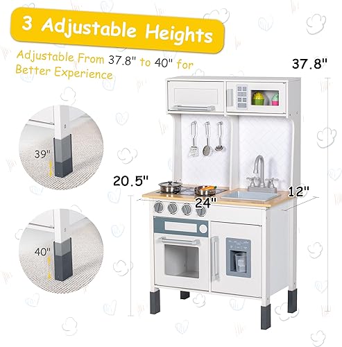 Miniatura 7 de Juego de cocina, cocina de madera para niños pequeños con grifo, fregadero, máquina de hielo, juguetes de cocina, alturas ajustables, estufa, cocina
