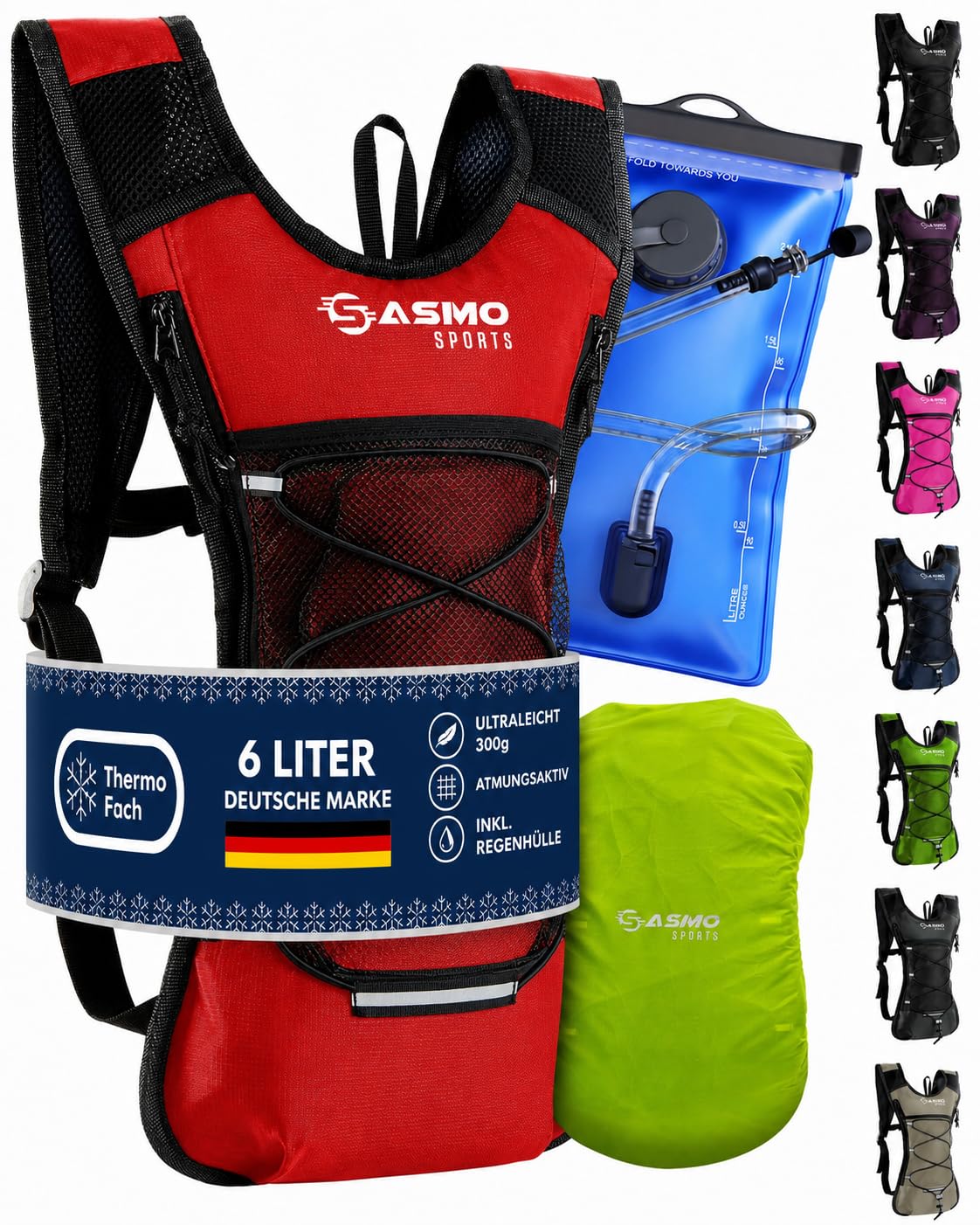 SASMO® Trinkrucksack mit Thermofach | Trinkrucksack Laufen - Ultraleicht 300g & 6L | Laufrucksack mit Trinkblase 2l, BPA-Frei | Rucksack mit Trinkblase & Reflektoren | Laufen, Fahrradfahren