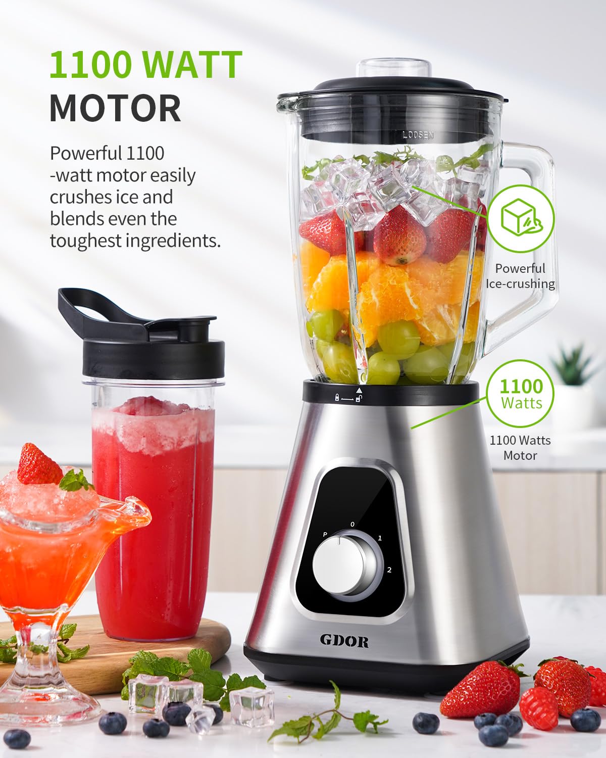 GDOR Standmixer 1100W, Mixer Smoothie Maker mit 1,5L Glaskrug und 650ml Reisebecher Professionell Hochleistungsmixer 3 Geschwindigkeiten Blender für Smoothies Shakes Eis gefrorene Früchte Saucen