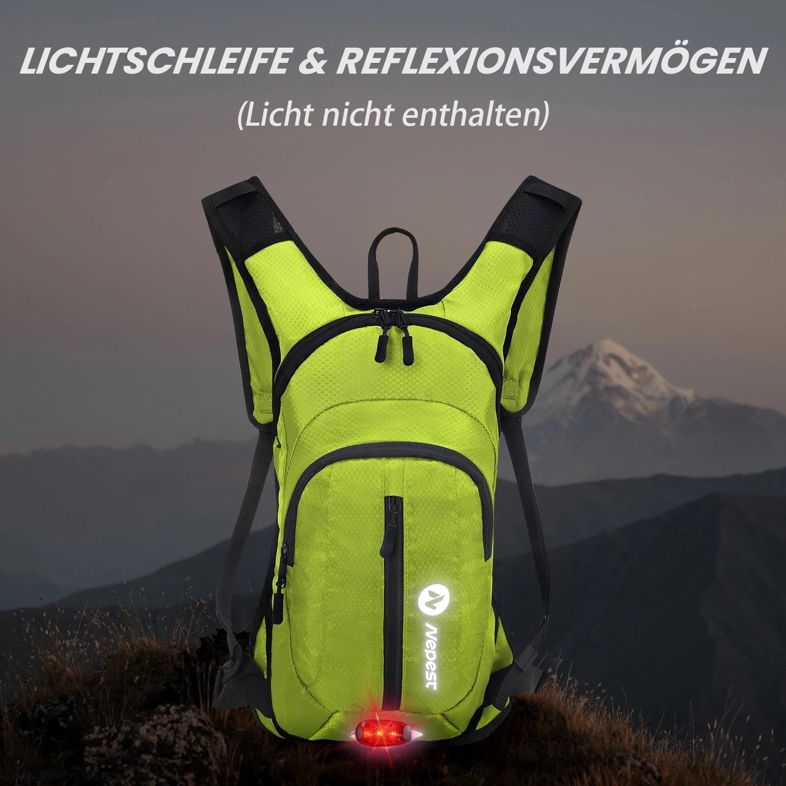 Nepest Zaino da 8 l, zaino da bicicletta e da sci con bolla da 2 l, ideale per mountain bike, corsa e sci, petto e cintura regolabili con fischietto di sicurezza
