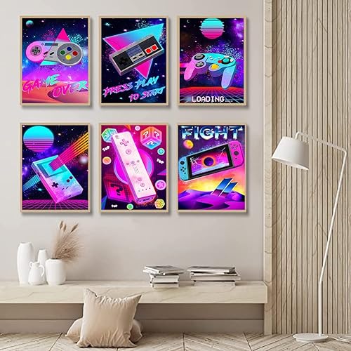 Miniatura 2 de Juego de 6 impresiones artísticas de pared de videojuegos, lienzo colorido con temática de videojuegos, decoración de pared de sala de juegos,