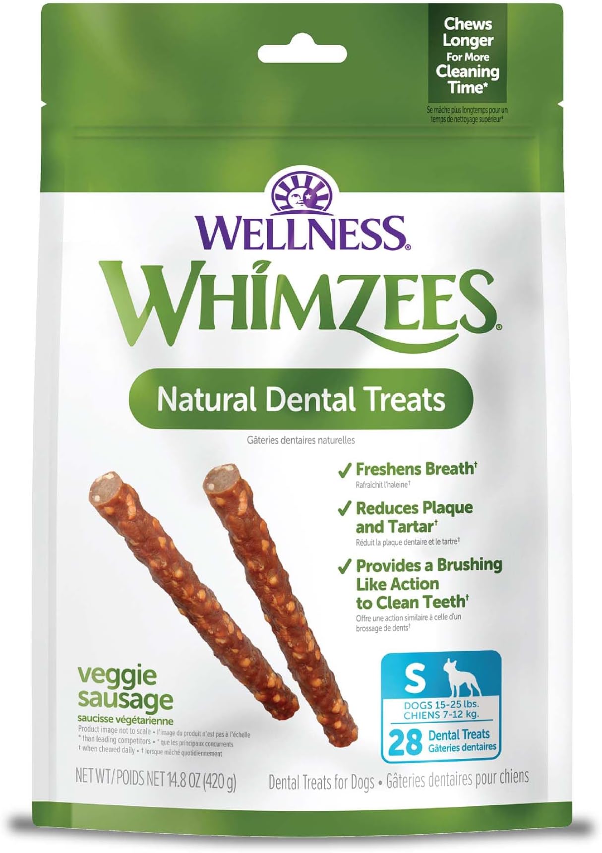 Wellness WHIMZEES Veggie Sausage Dog Dental Treat, Chews, Freshens Breath, Small Size, 14.81 oz Bag, 28 Count