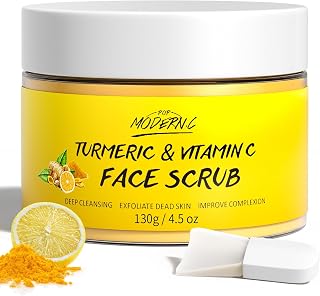 POPMODERNC Vitamin C & Turmeric Face Scrub: Organic Microdermabrasion Exfoliator Clears Blackheads, Dark Spots, Acne - Strawberry Extract 4.5oz