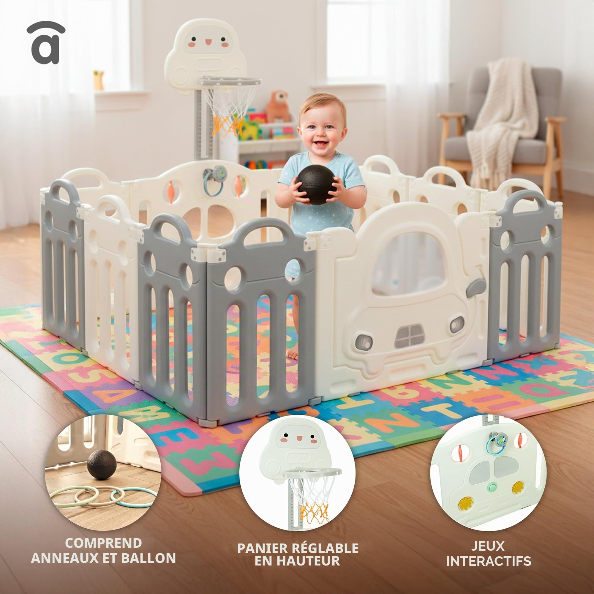 Asalvo MONTESSORI Terrain de jeux pour bébés, Centre d'activités, 160 x 120 cm, extensible, Terrain de jeux, Parc pour bébé, Aire de jeux intérieure et extérieure, Montessori Blanc