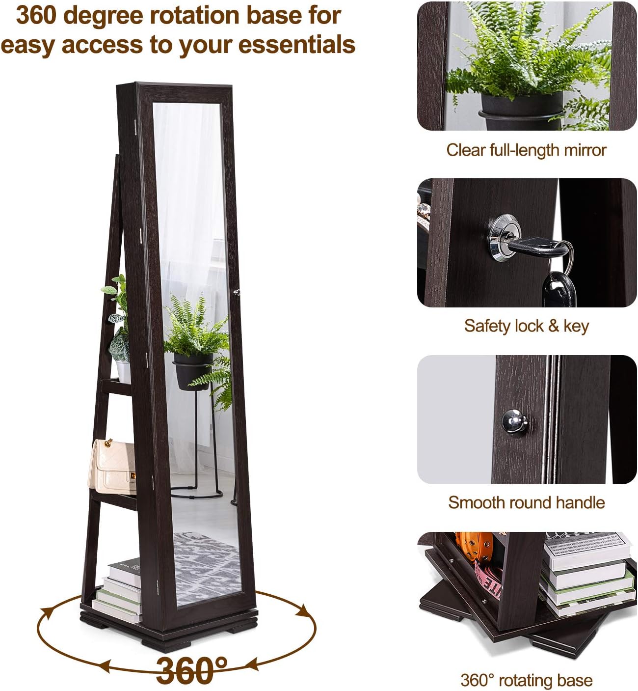 TWING Jewelry Organizer Jewelry Cabinet 360 Rotating, Lockable Standing Wall Jewelry Armoire with Full Length Mirror Large Jewelry Armoire Cabinet(Brown) : Clothing, Shoes & Jewelry