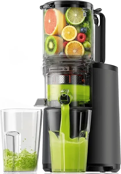 Cold Press Juicer Machines, EUHOMY 5.5" Wide Feed Chute, Slow Masticating Juicer for Whole Vegetables and Fruits, 99.6% High Juice Yield, Easy to clean, Juicer Machines with BPA Free, Black