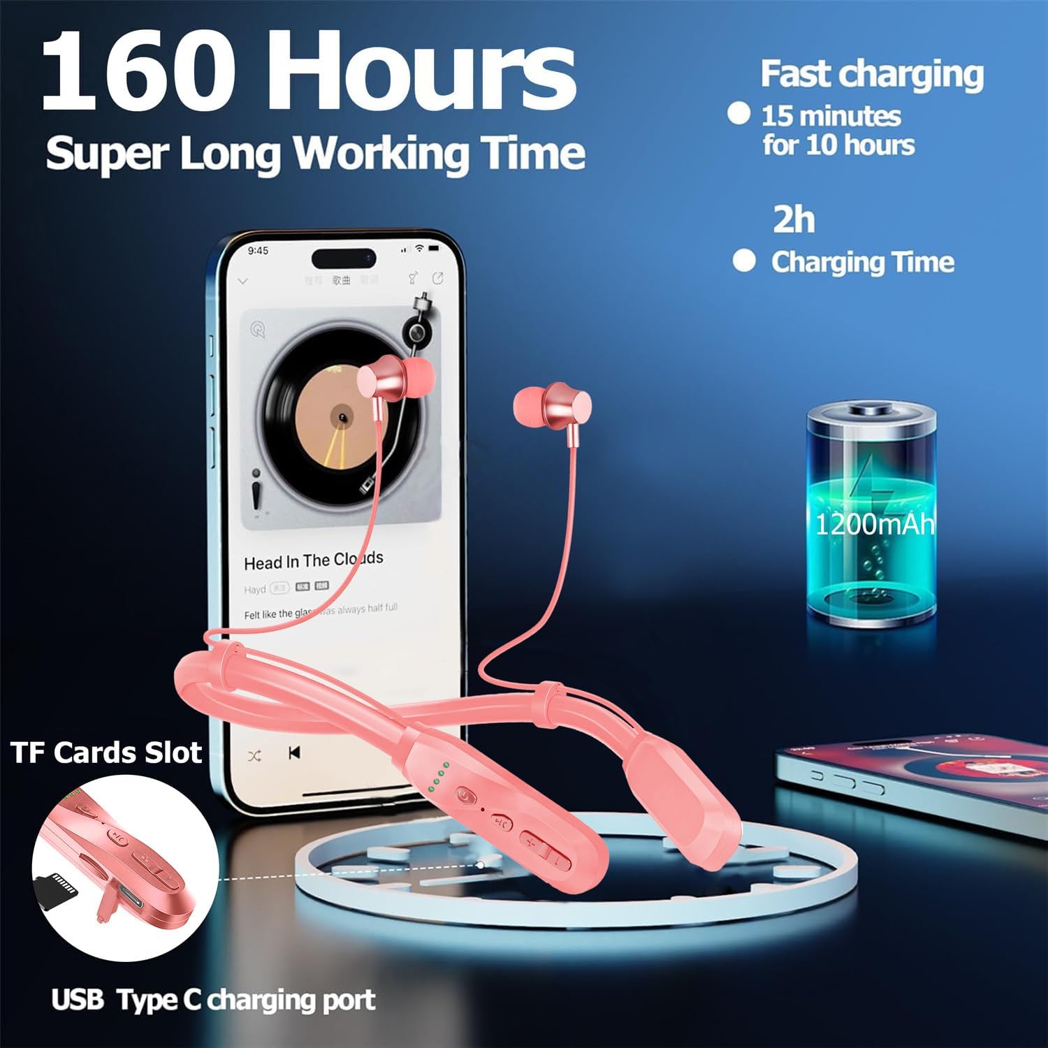 Neckband Bluetooth Headphones with TF Card Slot,Wireless Bluetooth Earbuds w/Mic in-Ear Magnetic Neckband Earphone,160H Playtime,Stereo Magnetic Earbuds,Noise-Isolating Neck band for Sports/Trips/Run - Image 3