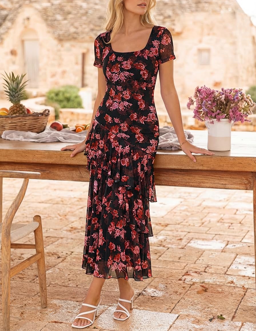 ZESICA Women's Summer Floral Bodycon Maxi Dress 2026 Square Neck Mesh Ruffle Elegant Cocktail Wedding Party Long Dresses - Image 5
