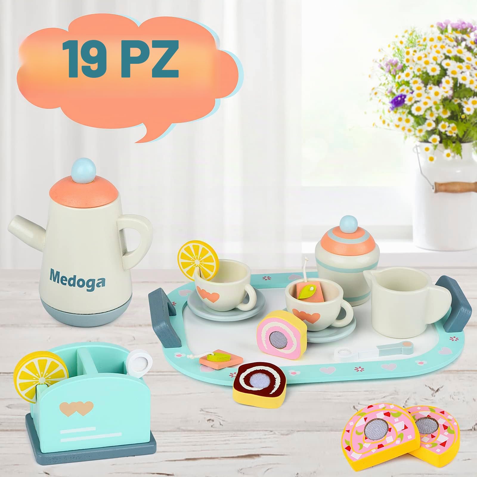 Set da tè giocattolo in legno, accessori da cucina per bambini, cibo per far finta di giocare, per feste di 3, 4, 5 anni
