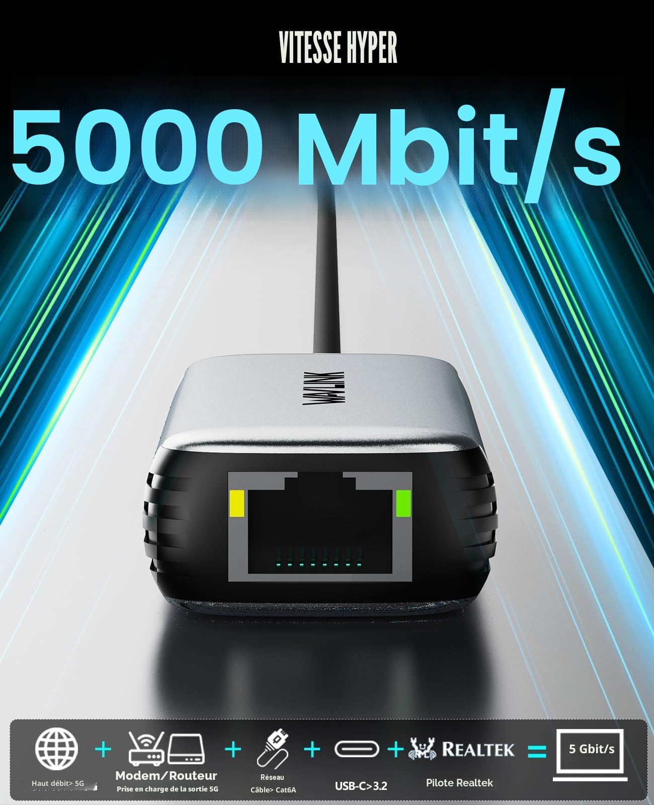 WAVLINK Adaptateur USB C vers Ethernet 5Gbps, Réseau Gigabit RJ45 sans Pilote