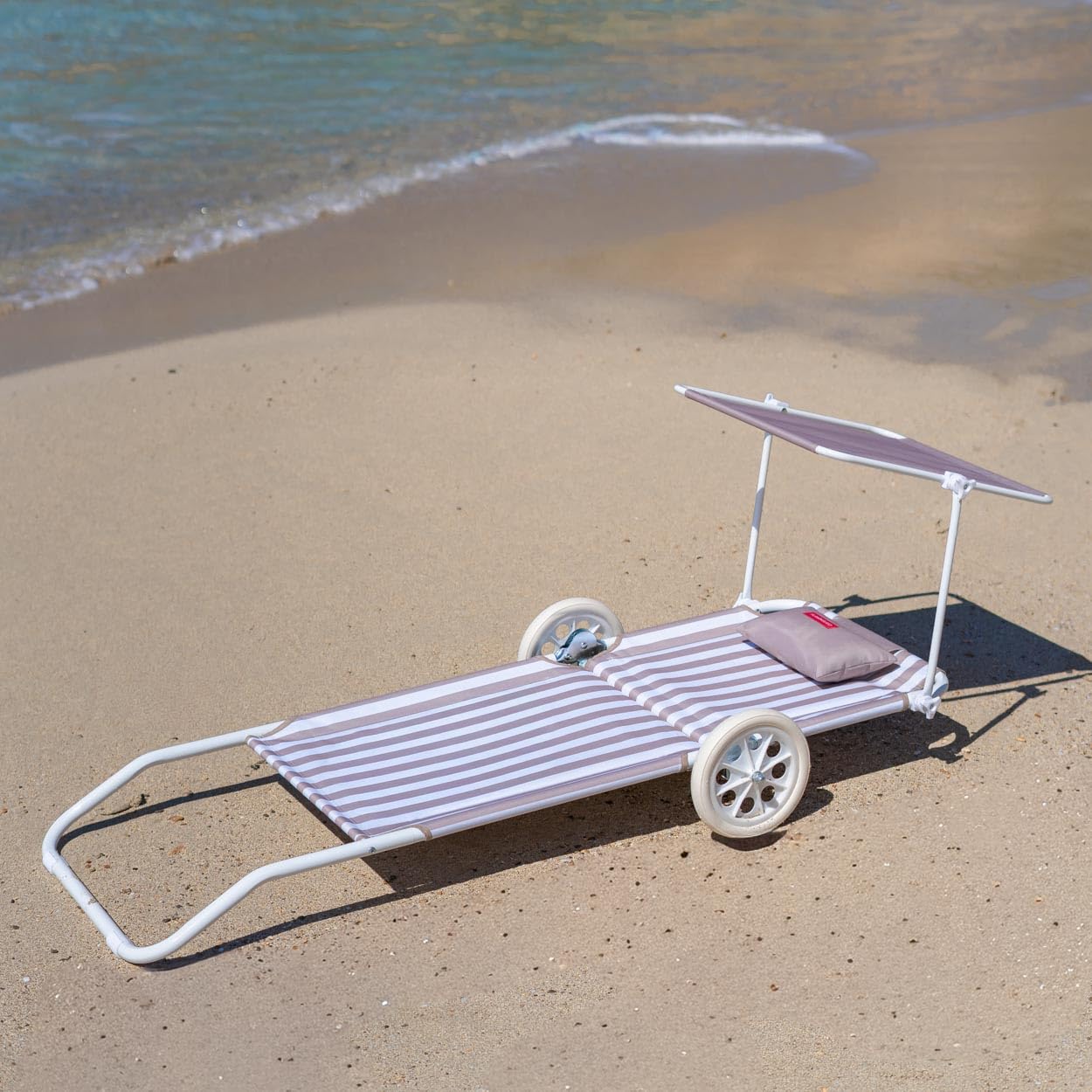 Flamingueo Krzesło plażowe, składany leżak, 5 pozycji, regulowany parasol UPF 50+, ergonomiczna poduszka, możliwość przekształcenia w wózek transportowy, beżowy