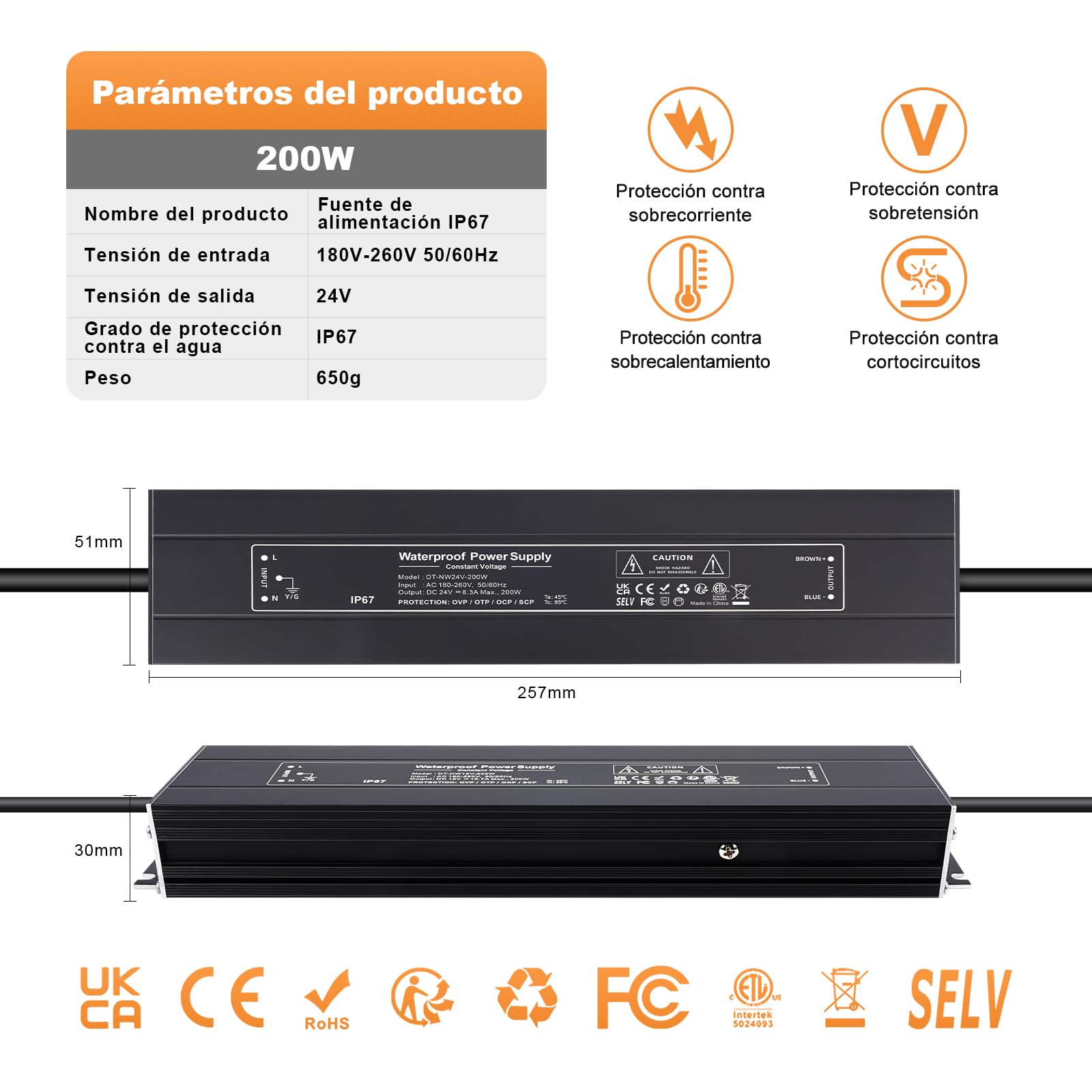 YAYZA! IP67 - Transformador LED (24 V, 200 W, resistente al agua, fuente de alimentación LED de 230 V/CA a 24 V/CC 8,3 A, controlador de corriente continua, transformador, voltaje constante