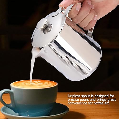 Miniatura 6 de Taza de café de acero inoxidable, jarra de espuma de leche con tapa para café con leche, jarra de espuma de leche de 11.8 fl oz, jarra de espuma de