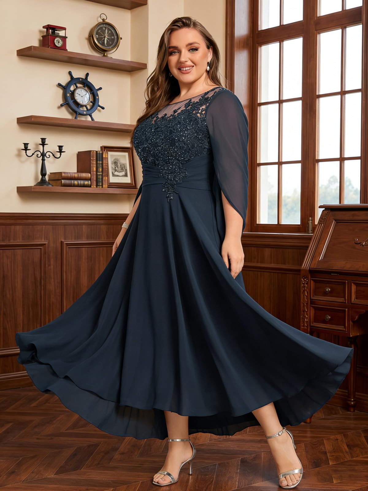 Große Größe Brautmutterkleid für Hochzeit,Damen Spitze Abendkleid mit Cape Chiffon Kleider für Hochzeitsgäste