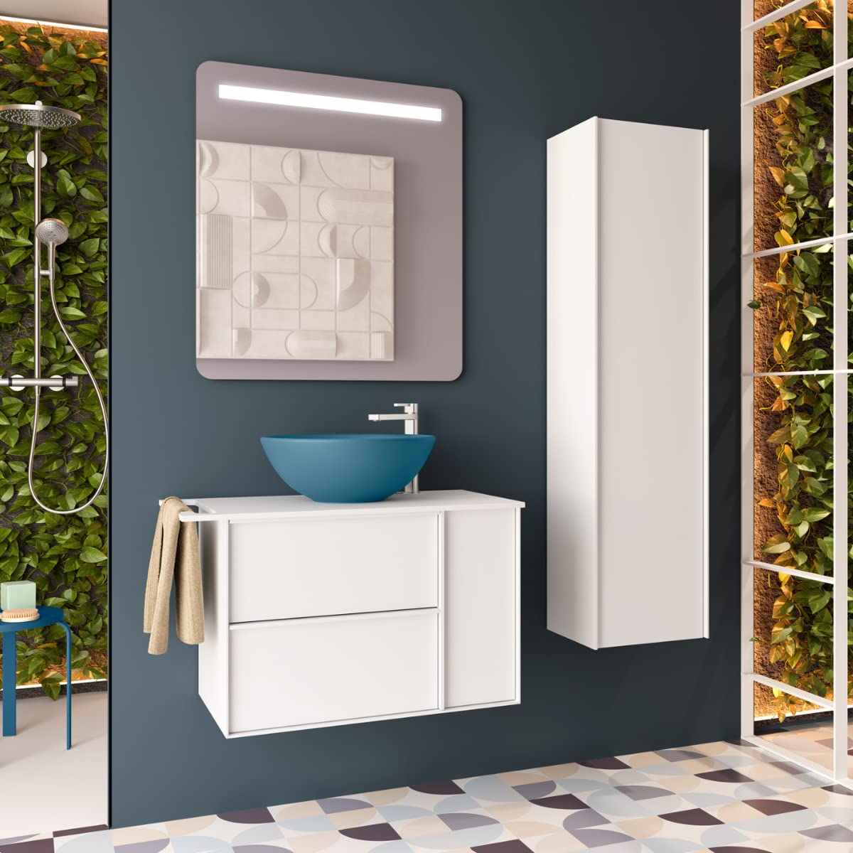 Oslo Columna de Baño Suspendida 1 Puerta | Armario Alto Baño Colgante 140cm de Alto x 34,9cm de Ancho x 32cm de Fondo | Blanco Mate