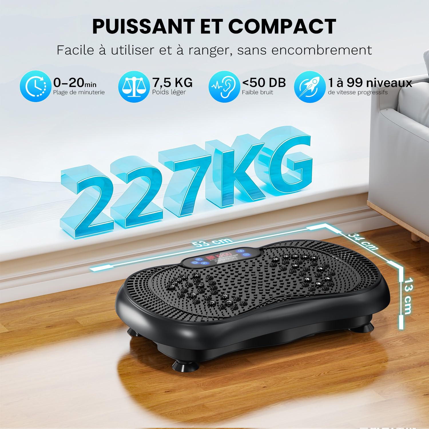 Plateforme Vibrante et Oscillante Fitness 100 Vitesses Télécommande Bandes Machine Sport Maison Silencieuse Capacité 225kg