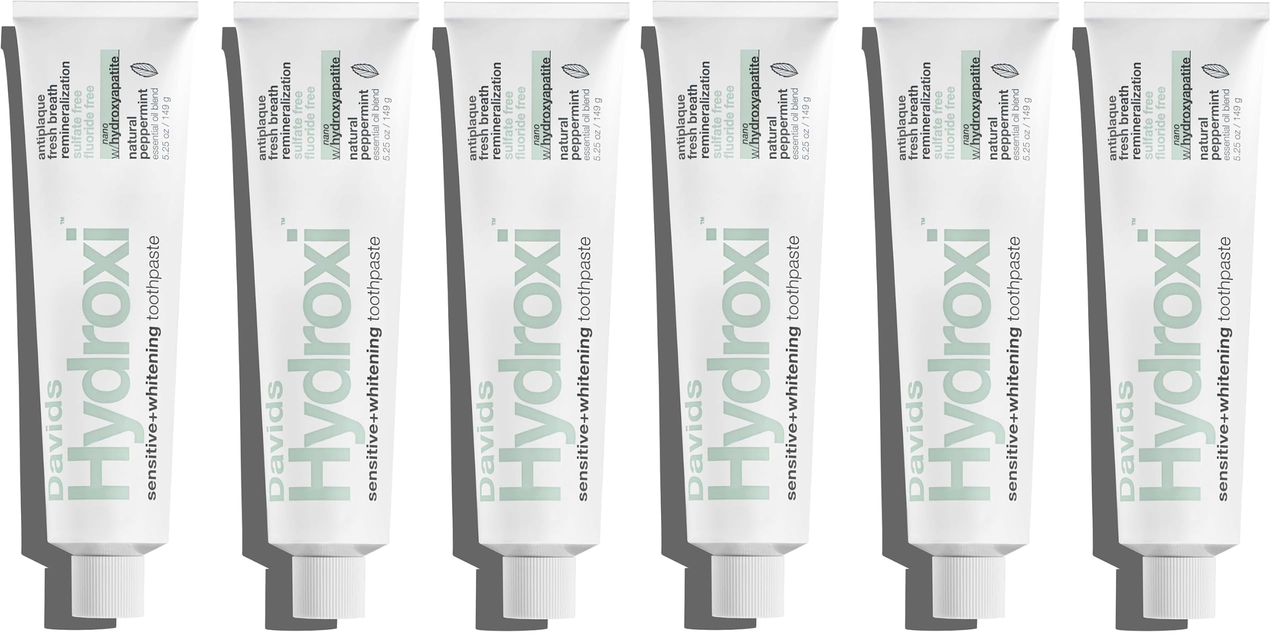 Davids Hydroxi Fluoride Free Nano Hydroxyapatite Toothpaste for Remineralizing, Sensitive Support, Whitening, Antiplaque, SLS Free, Natural Peppermint, 5.25oz, Made in USA (6 Pack)