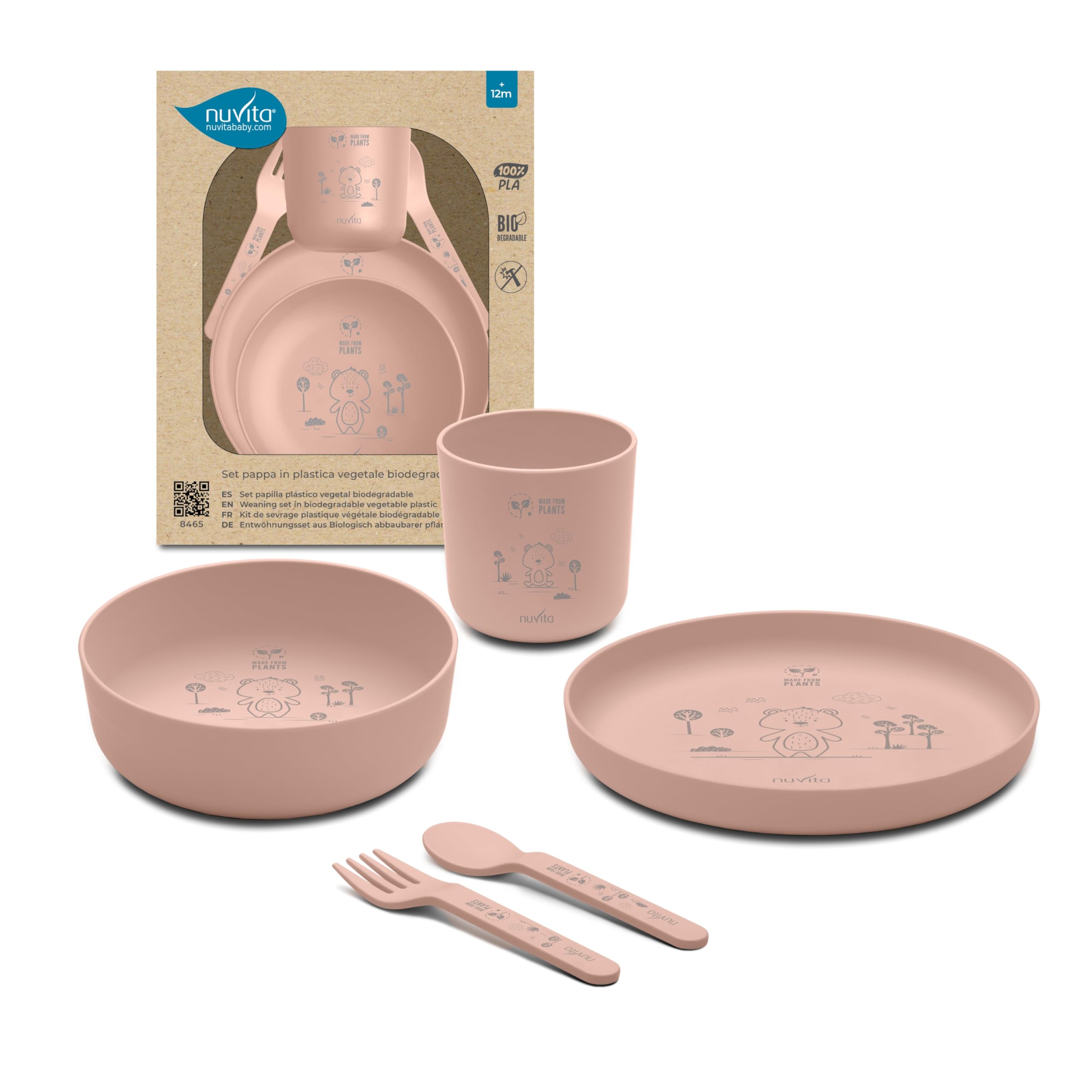 Nuvita 8465 Set Pappa in Bioplastica – Piattino, Ciotola, Tazza e Posate in PLA Biodegradabile – Lavabile in Lavastoviglie, adatto per Microonde, Atossico, Senza BPA e Ftalati – 6 Mesi+ - English Rose