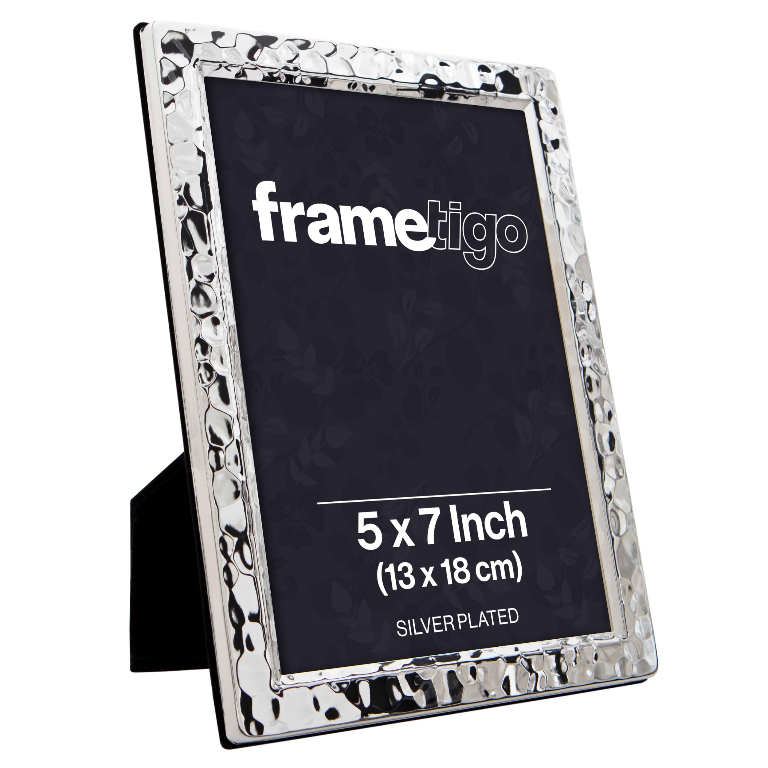 Frametigo - Silver Plated Narrow Hammered Photo Frame, 5"x7" (13x18cm) Photo Size - Velvet Frame Backing & Stand - Real Glass Window - Tarnish Resistant - Landscape or Portrait Orientation