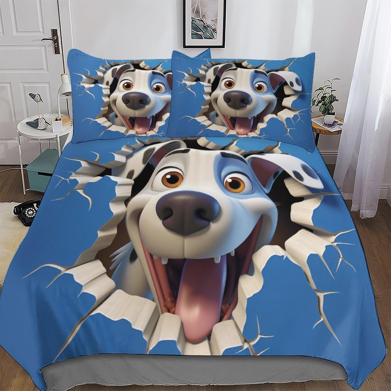 Parure de lit 2 personnes motif chien avec housse de couette microfibre zippée 200x200