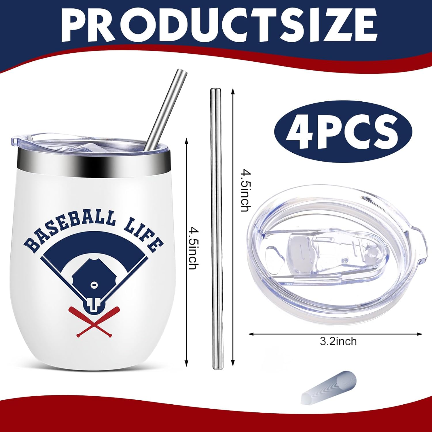 Mifoci 4 Pcs Baseball Tumbler Gifts Bulk Baseball Lovers Wine Tumbler Cups 12 oz Insulated Stainless Steel Wine Glass with Straw and Lid Travel Coffee Mug for Women Men Partners Players