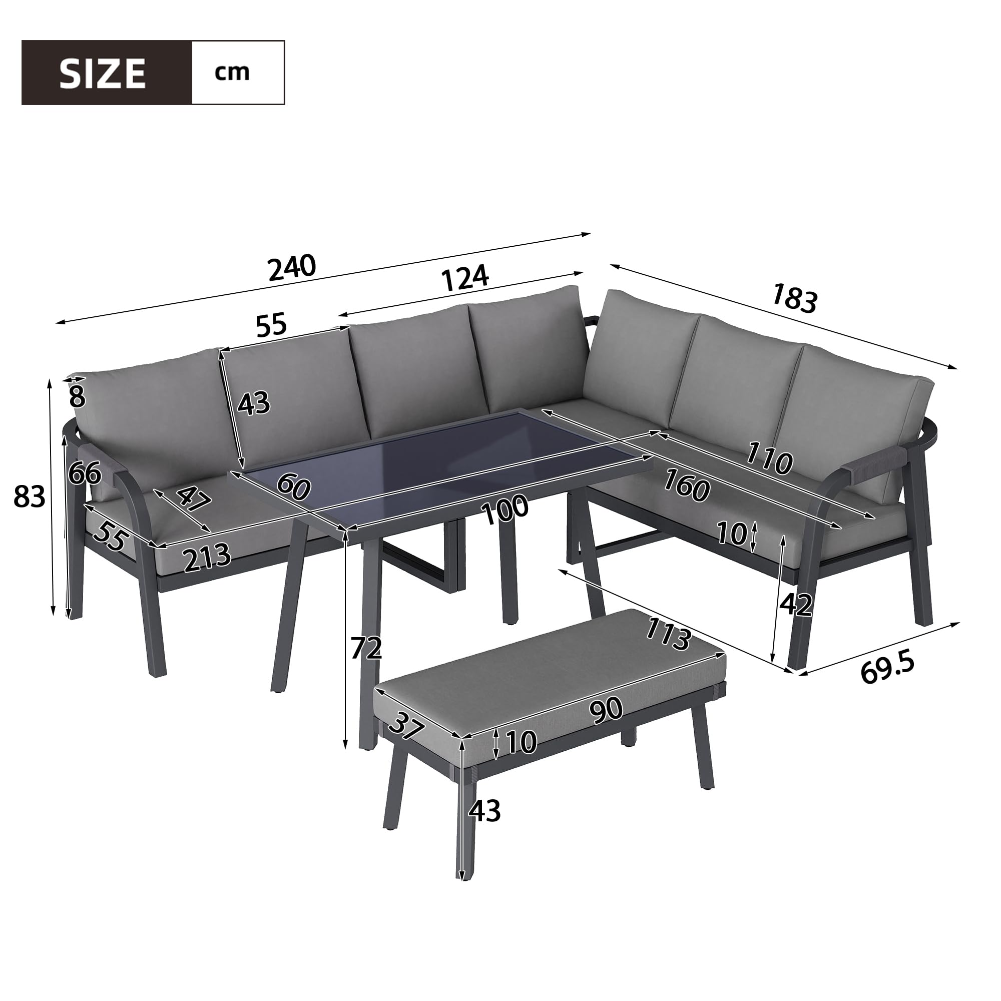 Zestaw mebli ogrodowych, zestaw mebli balkonowych, sofa narożna, zestaw do jadalni ze stołem i ławką dla 8 osób, odporne na warunki atmosferyczne, zestaw mebli outdoorowych z podłokietnikami z