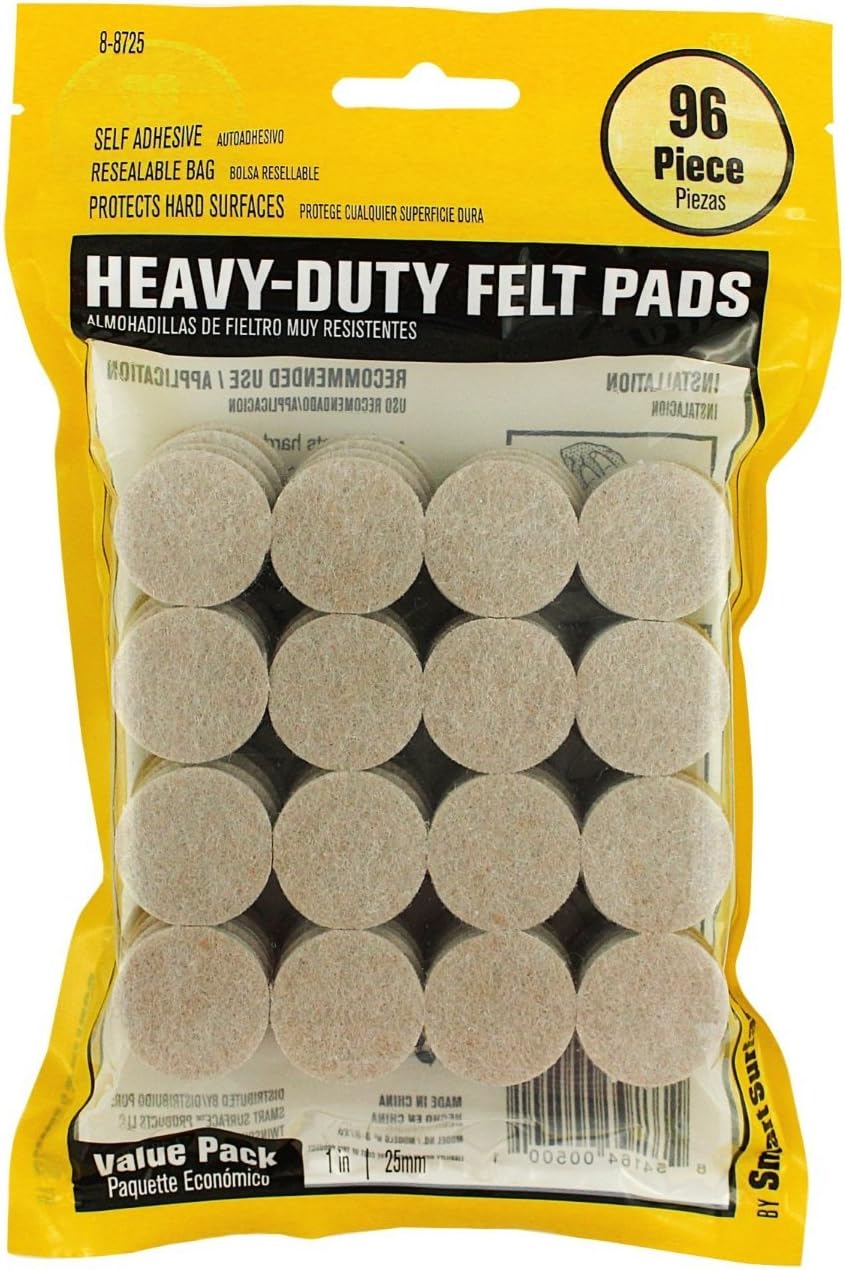Smart Surface 8725 Heavy Duty Self Adhesive Furniture Felt Pads 1-Inch Round Oatmeal 96-Piece Value Pack in Resealable Bag