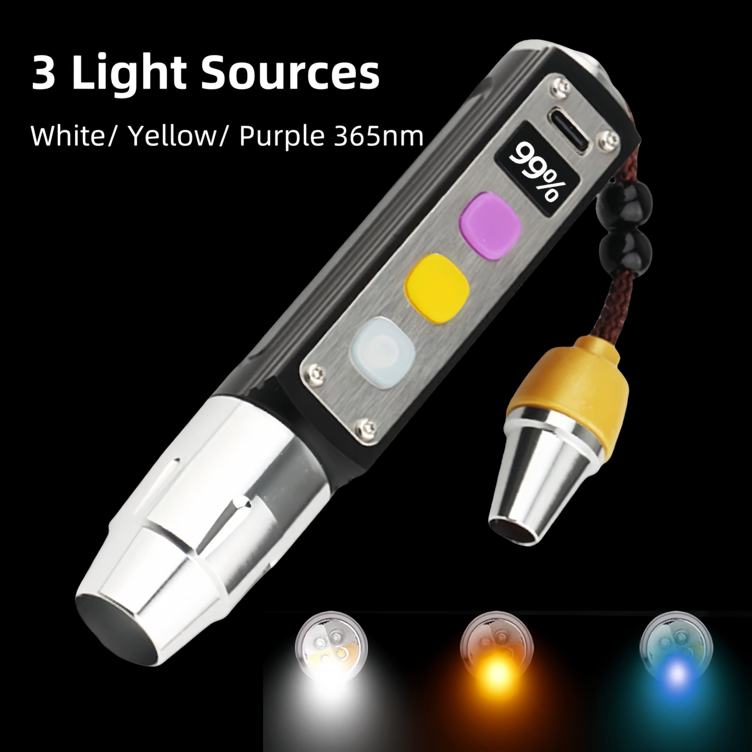 3 Light Sources Jade Identification Flashlight, Professional Diamond Gem Tester, Rechargeable Super Bright Jade Jewelry Diamond Appraisal Detection Light Lamp (White/Yellow/Purple 365nm)